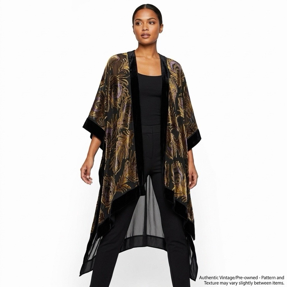 Paparazzi Kimono Duster Cardigan One Size Black Velvet Burnout Peacock Feather